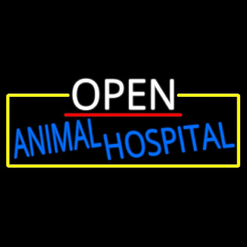 Open Animal Hospital With Yellow Border Neon Skilt