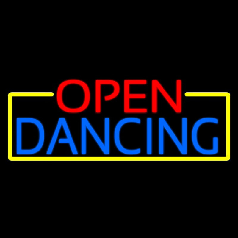 Open Dancing With Yellow Border Neon Skilt