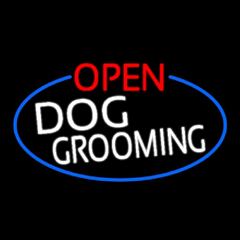 Open Dog Grooming Oval With Blue Border Neon Skilt