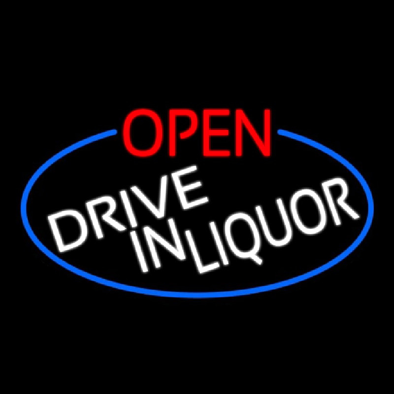 Open Drive In Liquor Oval With Blue Border Neon Skilt
