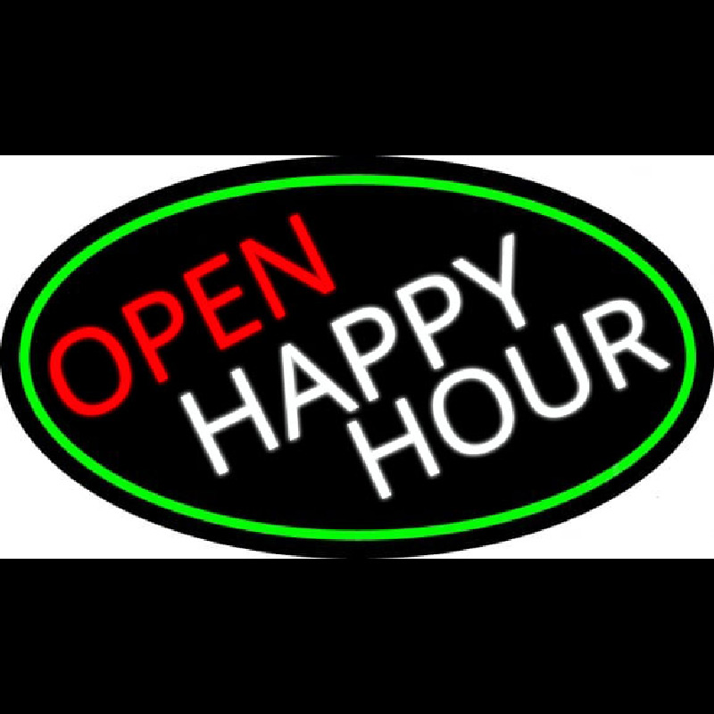 Open Happy Hour Oval With Green Border Neon Skilt