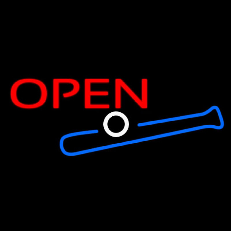Open In Bright Red With Blue Bat And White Ball Neon Skilt
