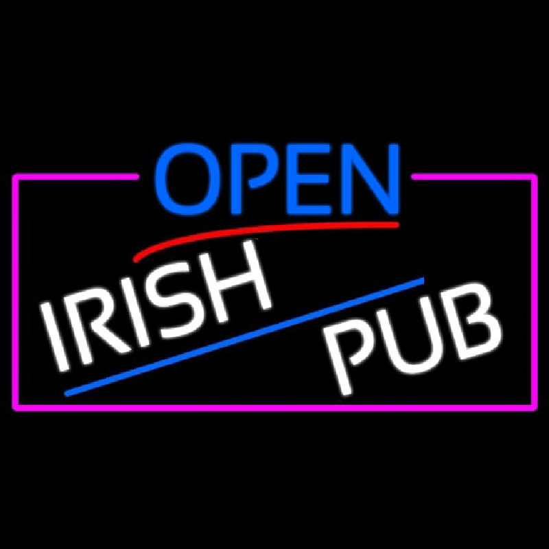 Open Irish Pub With Pink Border Neon Skilt