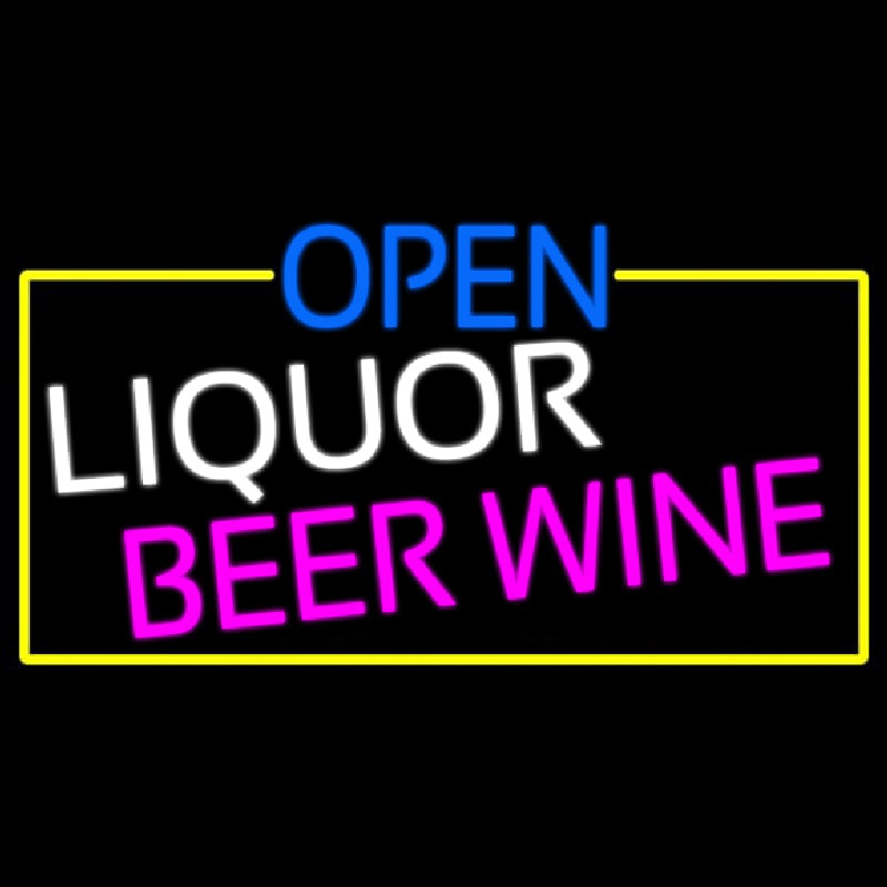 Open Liquor Beer Wine With Yellow Border Neon Skilt