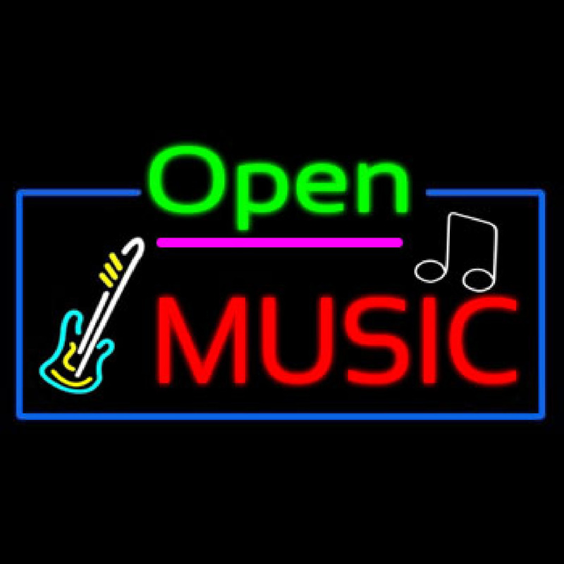 Open Music With Guitar Logo Neon Skilt