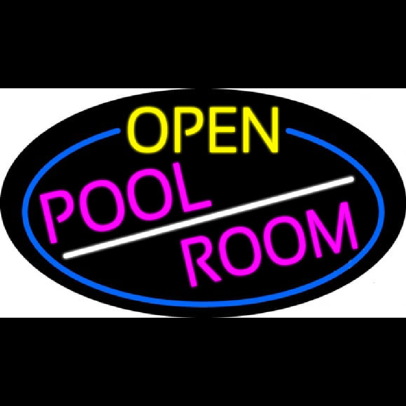Open Pool Room Oval With Blue Border Neon Skilt