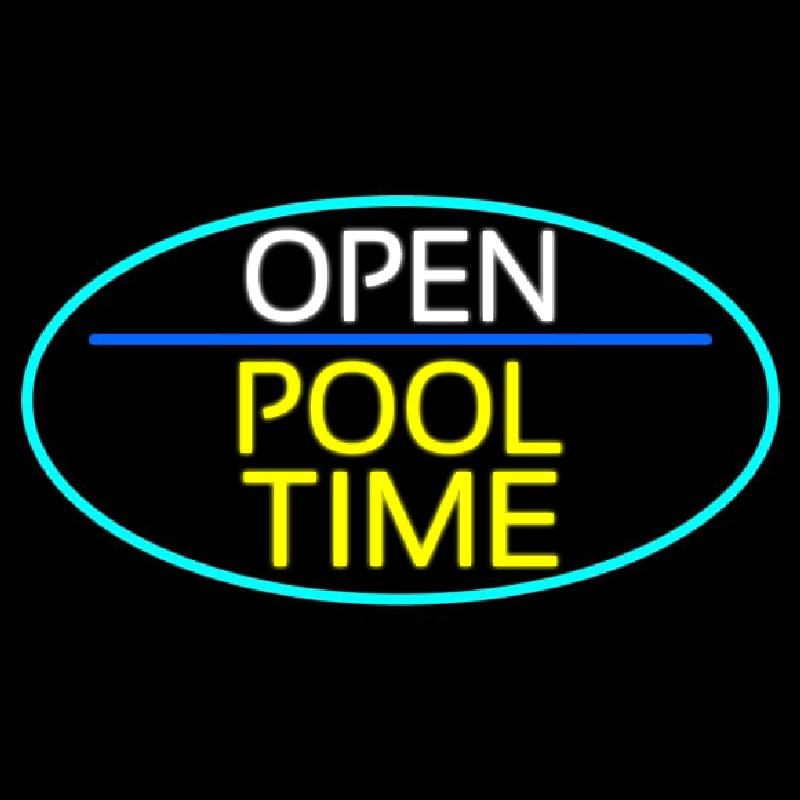 Open Pool Time Oval With Turquoise Border Neon Skilt