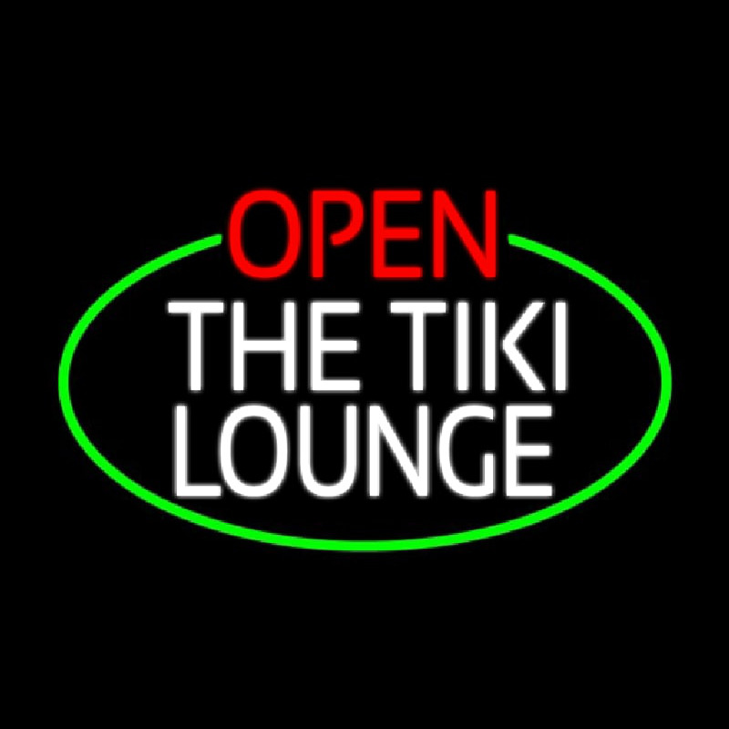 Open The Tiki Lounge Oval With Green Border Neon Skilt