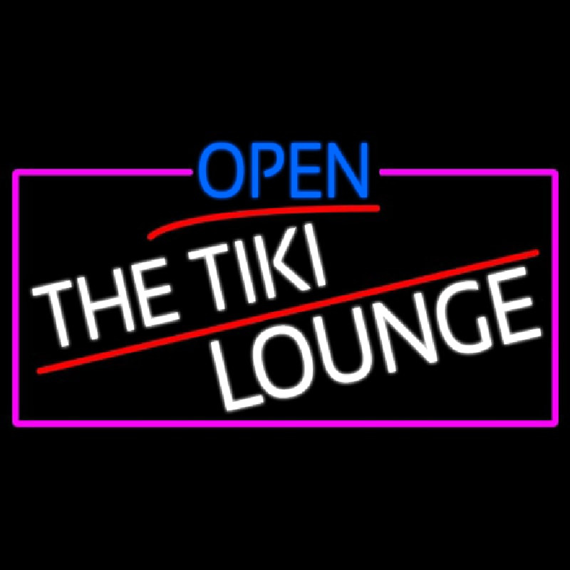 Open The Tiki Lounge With Pink Border Neon Skilt