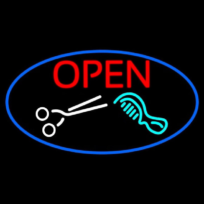 Open With Scissor And Comb Neon Skilt