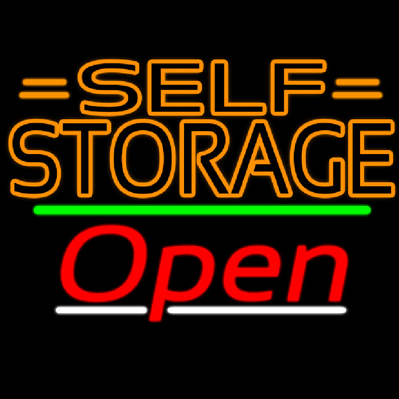 Orange Self Storage Block With Open 3 Neon Skilt