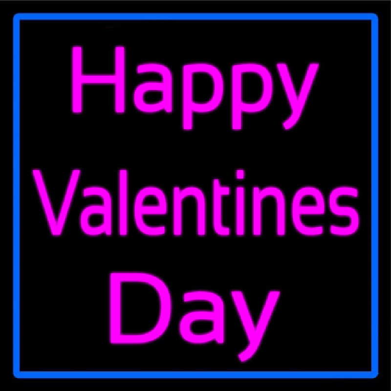 Pink Cursive Happy Valentines Day With Blue Border Neon Skilt