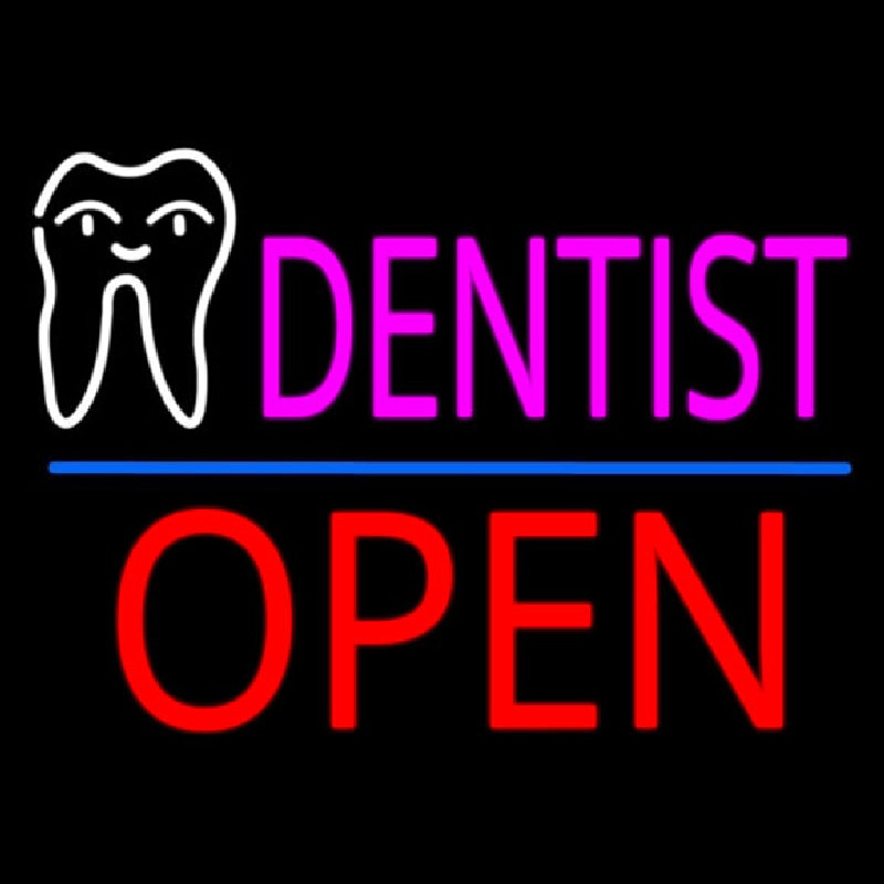 Pink Dentist White Tooth Blue Line Open Neon Skilt