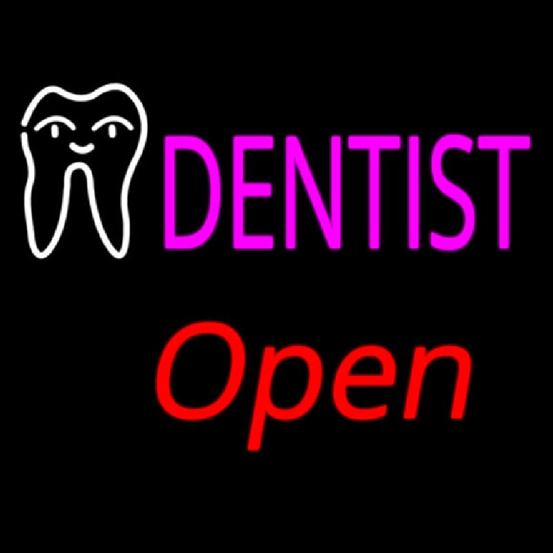Pink Dentist White Tooth Open Neon Skilt
