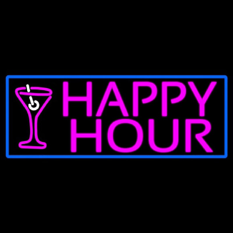 Pink Happy Hour And Wine Glass With Blue Border Neon Skilt