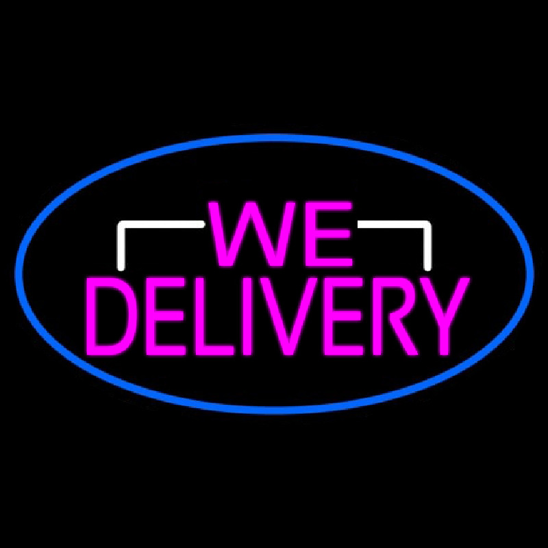 Pink We Deliver Oval With Blue Border Neon Skilt