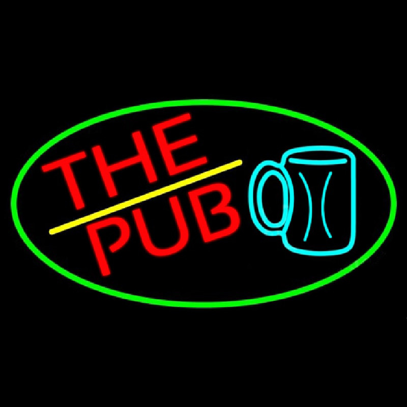 Pub And Beer Mug Oval With Green Border Neon Skilt