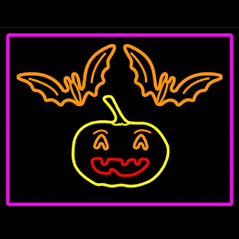Pumpkin And Bats With Pink Border Neon Skilt