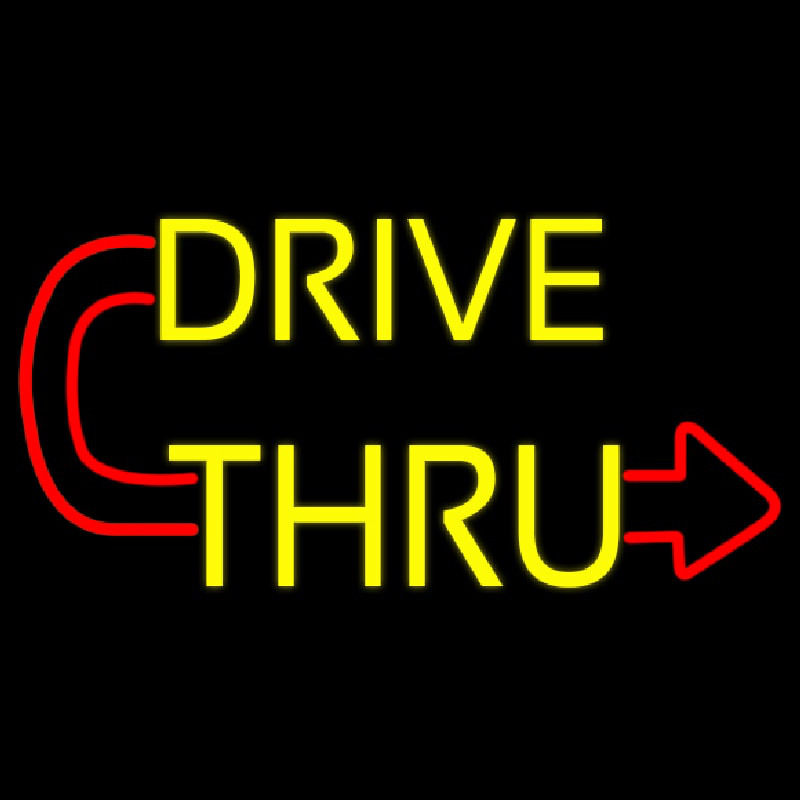 Red Drive Thru With Curved Arrow Neon Skilt
