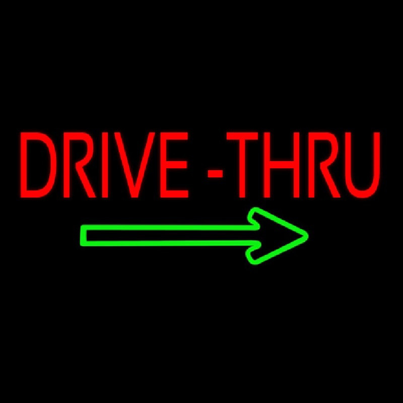 Red Drive Thru With Green Arrow Neon Skilt