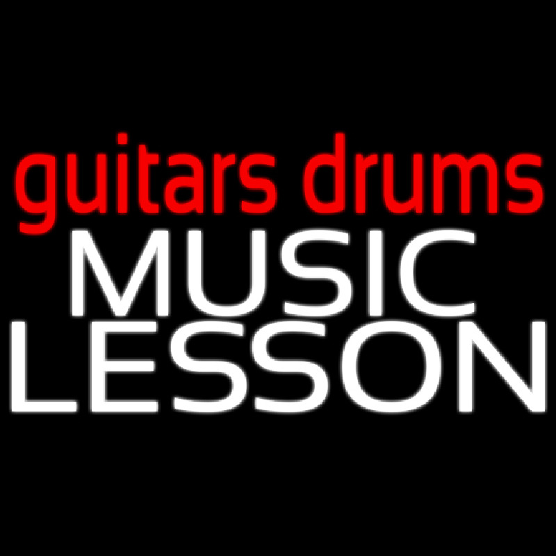 Red Guitar Drums White Music Lesson Neon Skilt