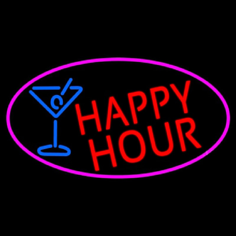 Red Happy Hour And Wine Glass Oval With Pink Border Neon Skilt