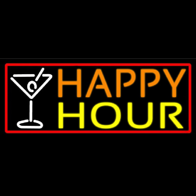 Red Happy Hour And Wine Glass With Red Border Neon Skilt