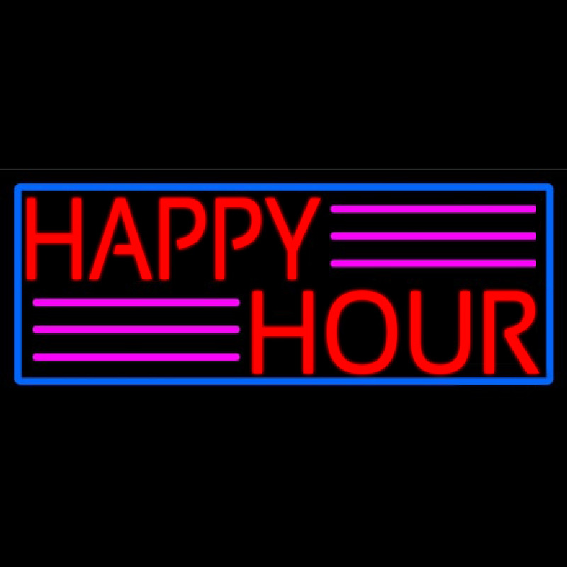 Red Happy Hour With Blue Border Neon Skilt