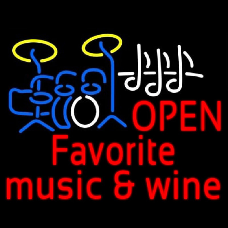 Red Open Music Fovorite Music And Wine Neon Skilt