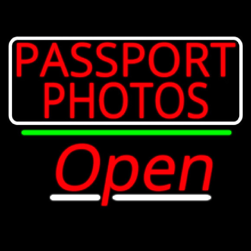 Red Passport Photos With Open 3 Neon Skilt