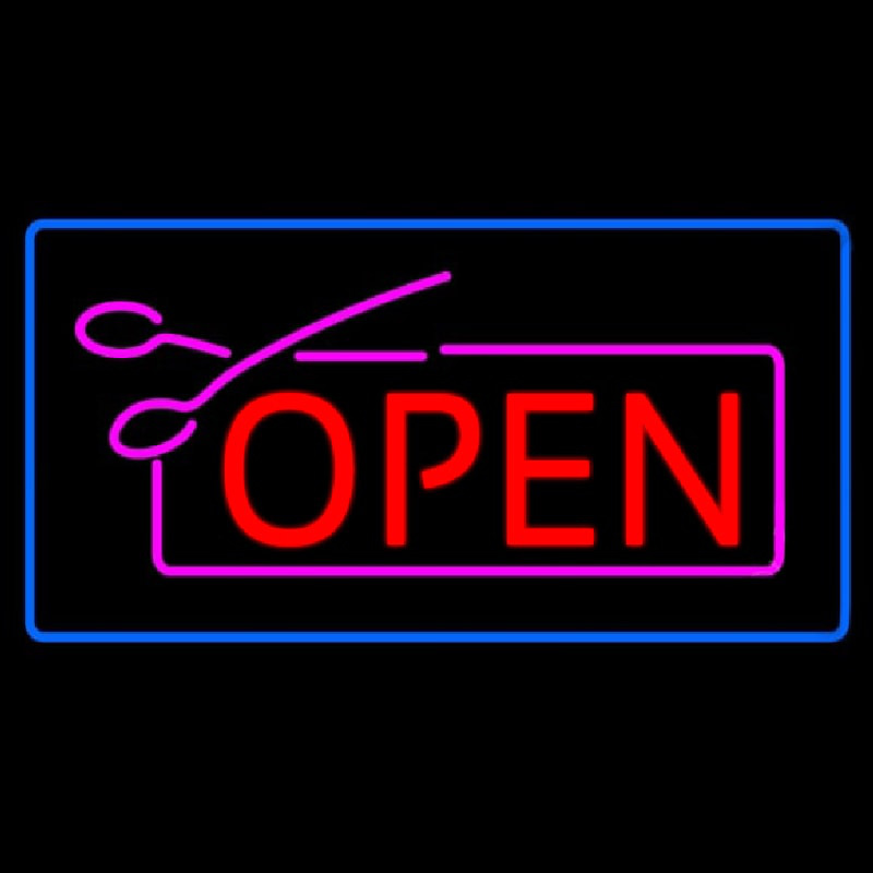 Red Pink Open With Scissors Blue Border Neon Skilt