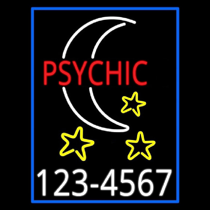 Red Psychic White Logo Phone Number Blue Border Neon Skilt