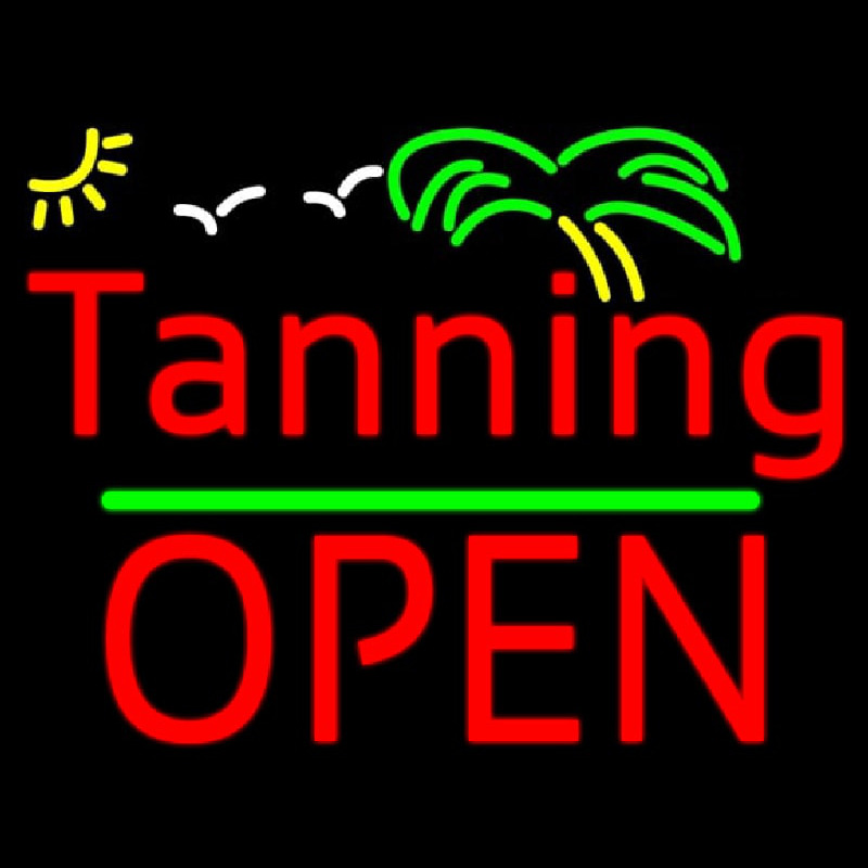 Red Tanning Block Open Palm Tree Neon Skilt