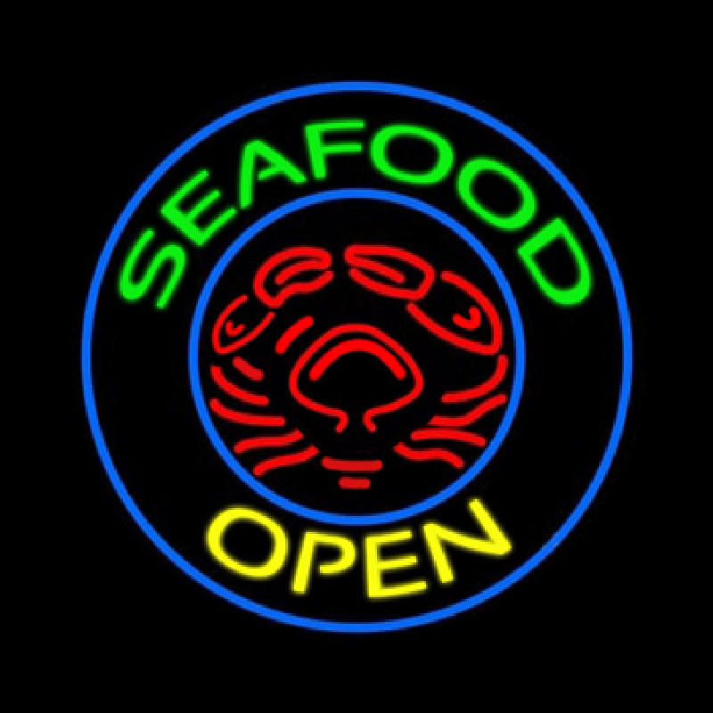 Round Green Seafood Open Neon Skilt