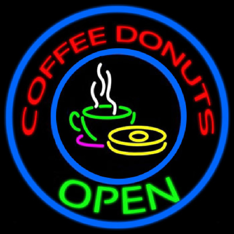 Round Red Coffee Donuts Open Neon Skilt