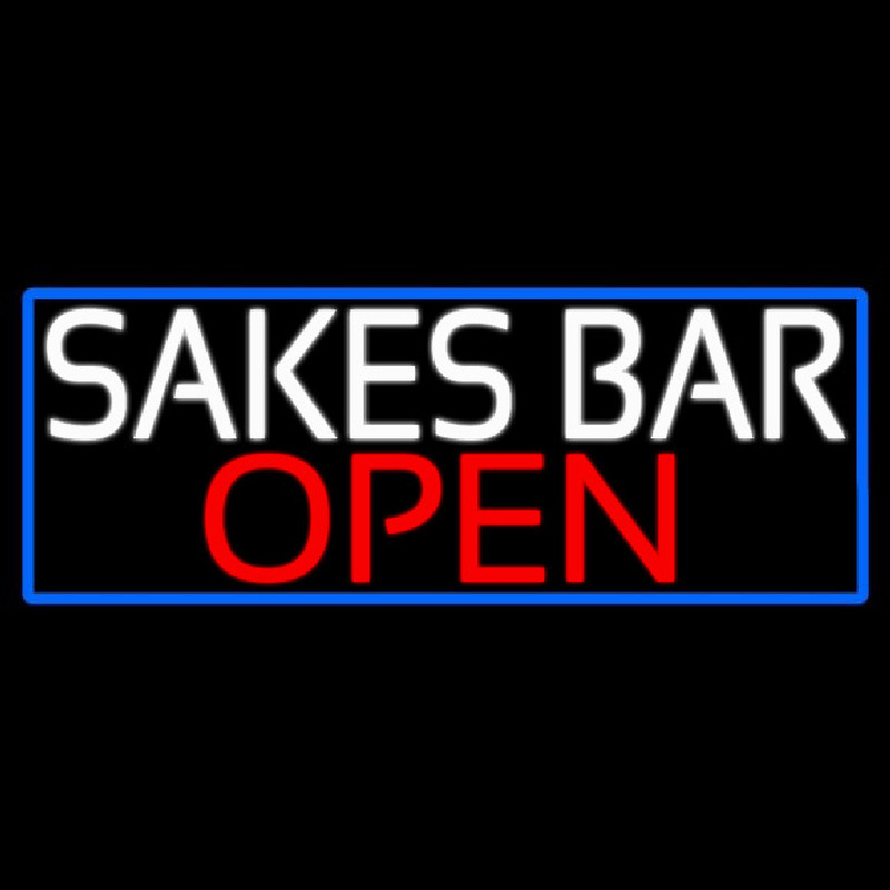 Sakes Bar Open With Blue Border Neon Skilt