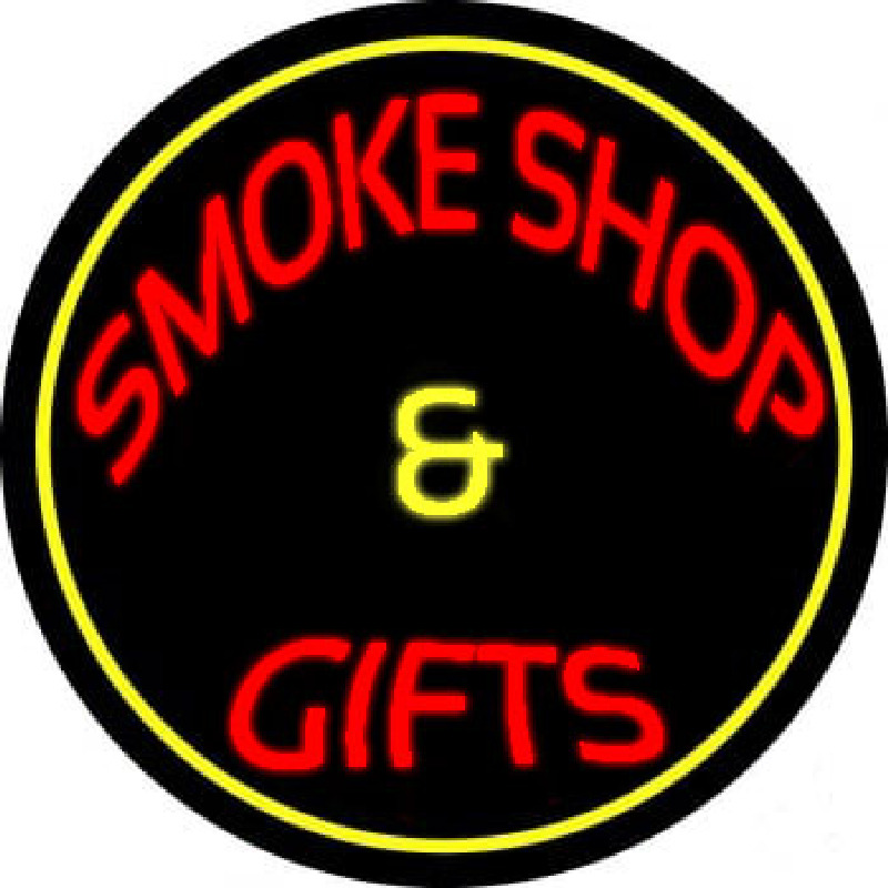 Smoke Shop And Gifts With Yellow Border Neon Skilt