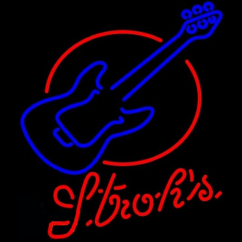 Strohs Red Round Guitar Beer Sign Neon Skilt