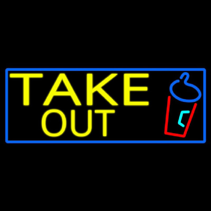 Take Out And Wine Glass With Blue Border Neon Skilt