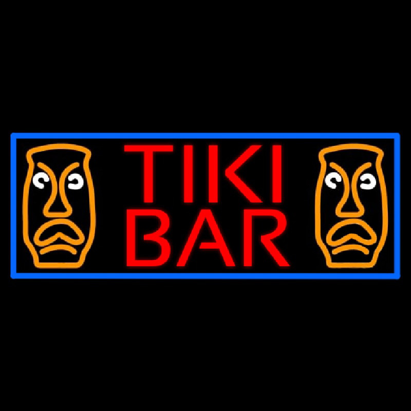 Tiki Bar Sculpture With Blue Border Neon Skilt