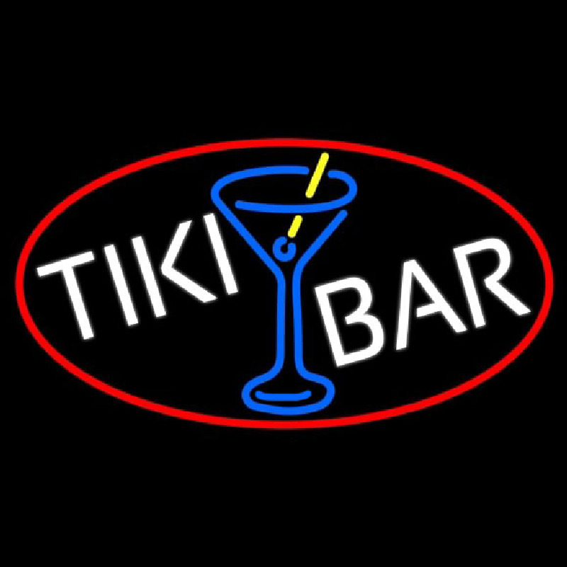 Tiki Bar Wine Glass Oval With Red Border Neon Skilt