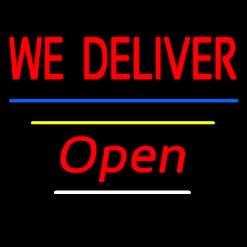 We Deliver Open Blue And Yellow Line Neon Skilt