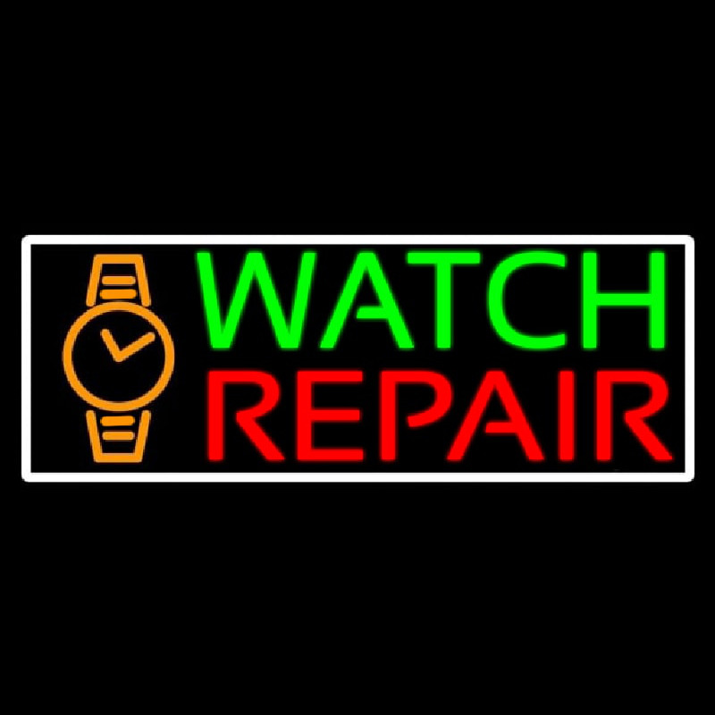 White Border Watch Repair With Logo Neon Skilt