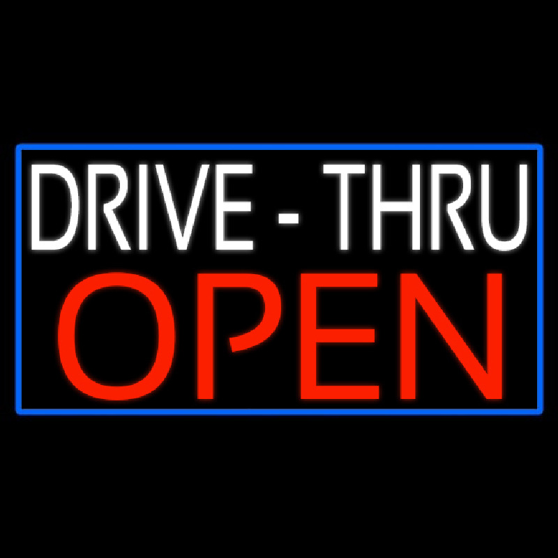 White Drive Thru Red Open With Blue Border Neon Skilt