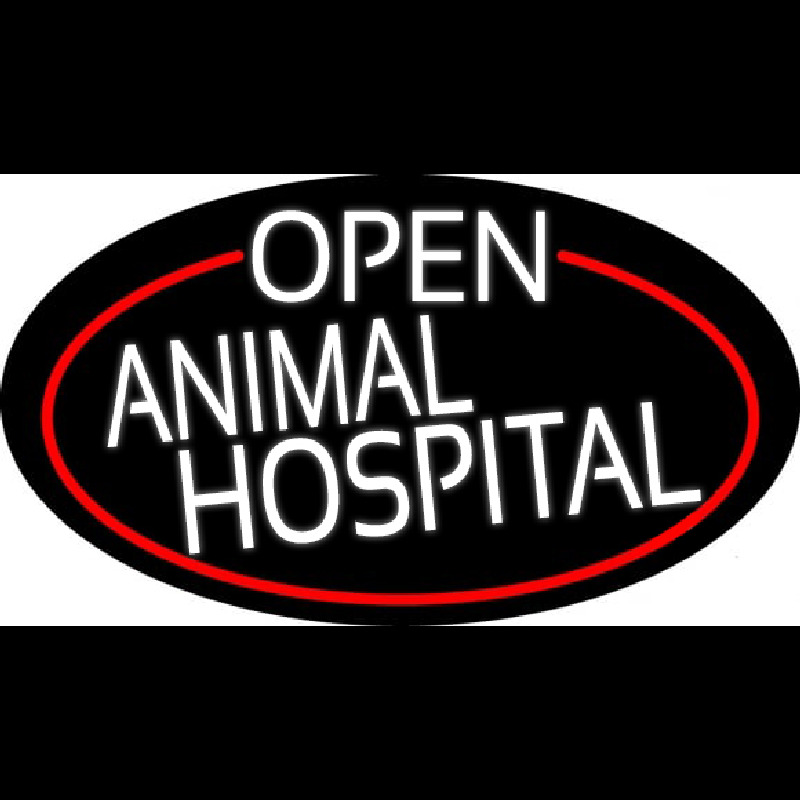 White Open Animal Hospital Oval With Red Border Neon Skilt