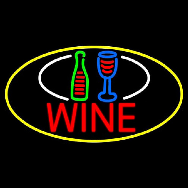 Wine Bottle Glass Oval With Yellow Border Neon Skilt