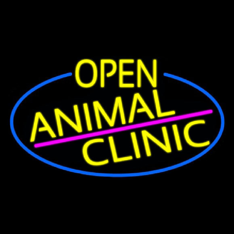 Yellow Animal Clinic Oval With Blue Border Neon Skilt