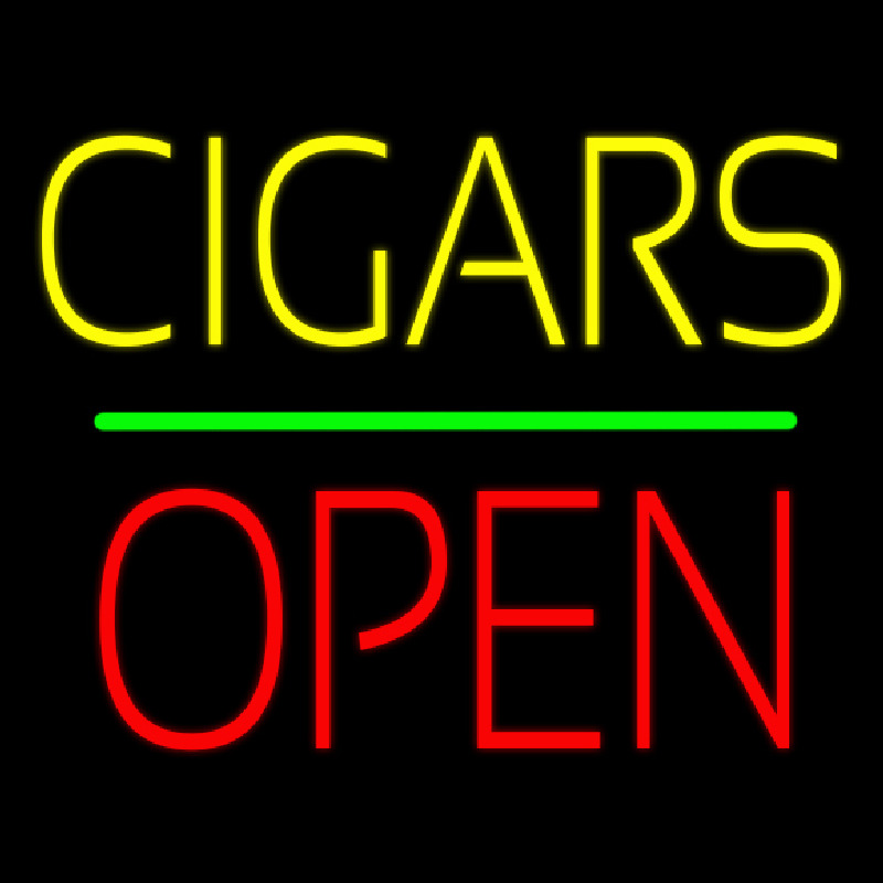 Yellow Cigars Red Block Open Green Line Neon Skilt