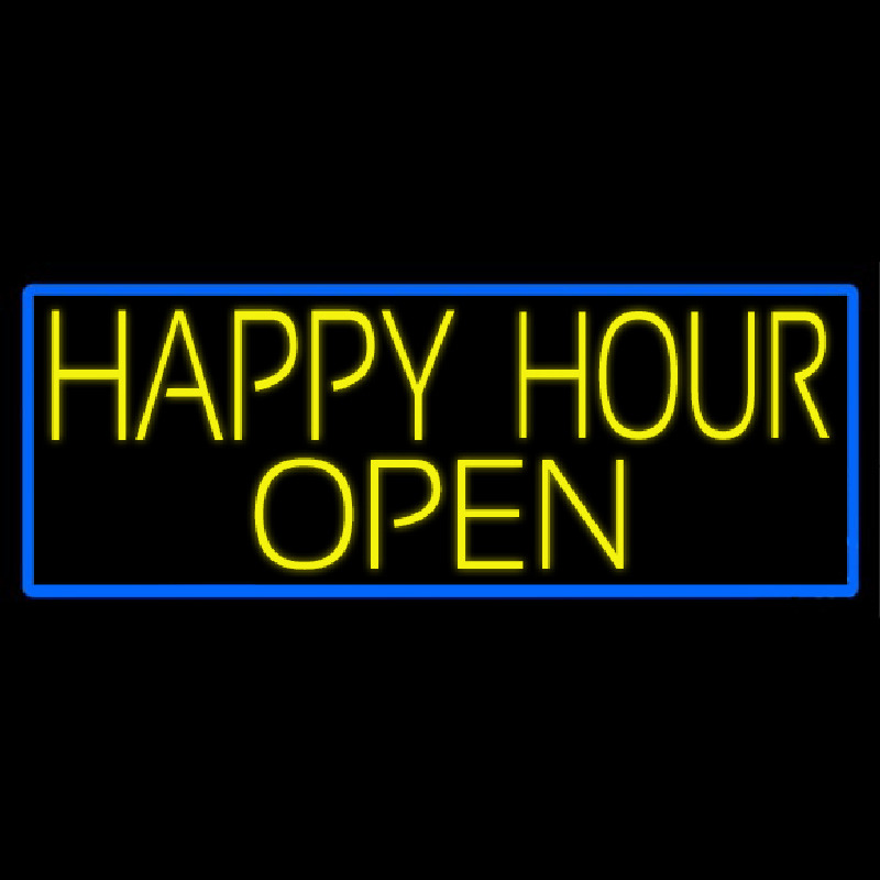 Yellow Happy Hour Open With Blue Border Neon Skilt
