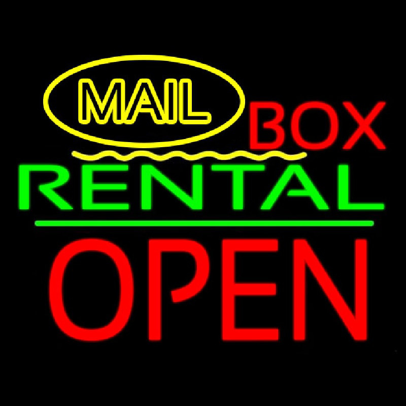 Yellow Mail Block Bo  Rental Open 1 Neon Skilt